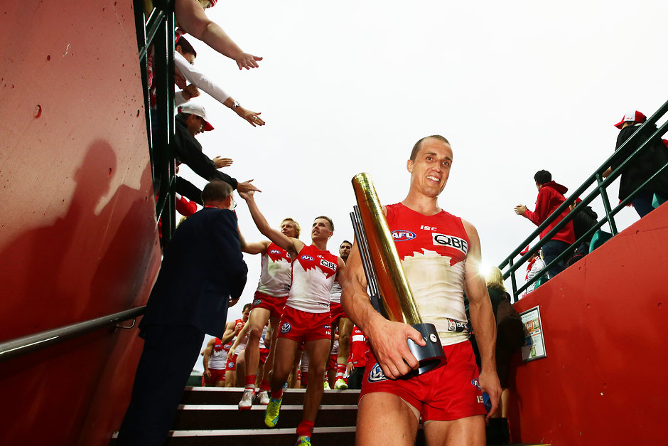 AFL 2016 Rd 05 - Sydney v West Coast SYDNEY, AUSTRALIA - APRIL 23: Ted Richards of the Swans celebrates and walks from the field after the 2016 AFL Round 05 match between the Sydney Swans and the West Coast Eagles at the Sydney Cricket Ground, Sydney on April 23, 2016. (Photo by Matt King/AFL Media)